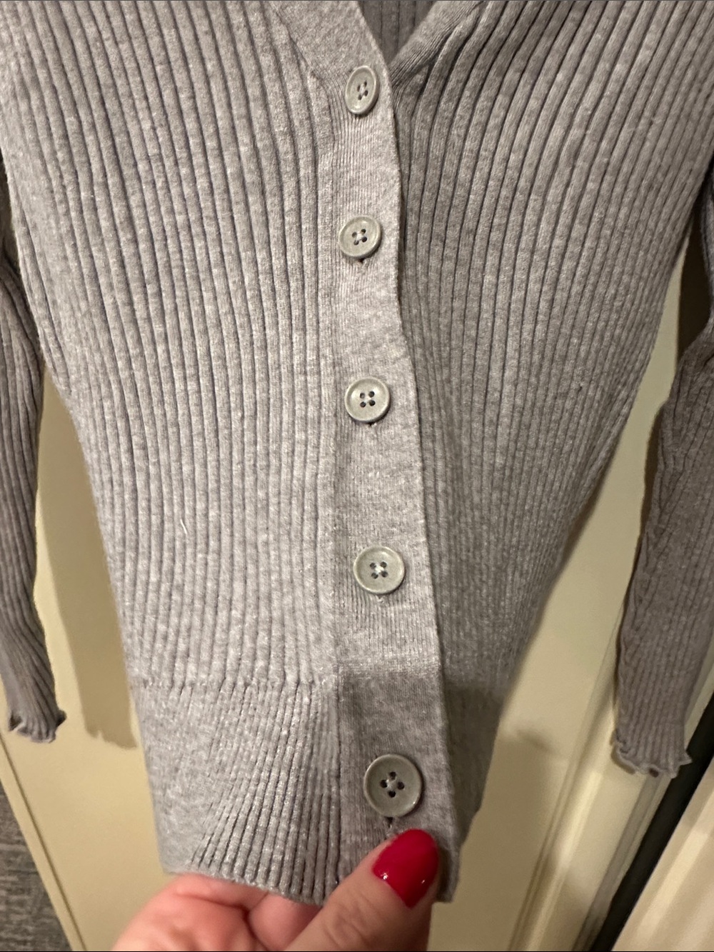 Good American Ribbed V-Neck Button Cardigan - Gray - Picture 7 of 7